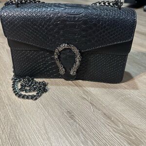 Black Faux Crocodile Embossed Chain Shoulder Bag with Statement Buckle